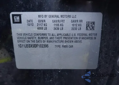 2013 Chevrolet Malibu 2Lz из США, поврежденный, VIN 1G11J5SX9DF182396